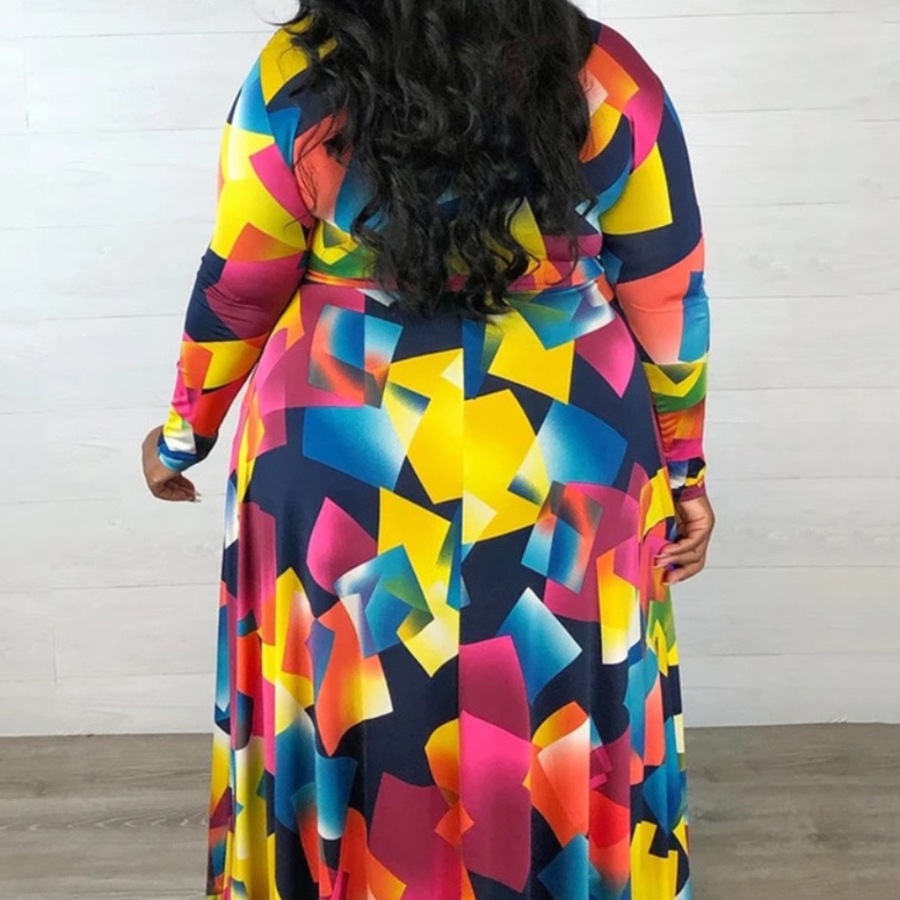 Geo Print Flounce Design Multicolor Maxi Dress 2X - Picture 2 of 2
